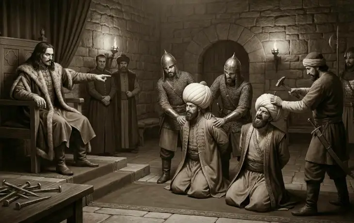 Taş duvarlı bir salonunda tahtında oturan Vlad Tepeş’in, diz çökmüş Osmanlı elçilerinin sarıklarına çivi çaktırdığı tarihi bir sahnenin dramatik betimlemesi.